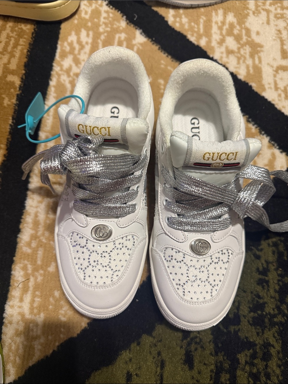 Gucci White Leather Sneakers with Silver Lace and Rhinestone Toe